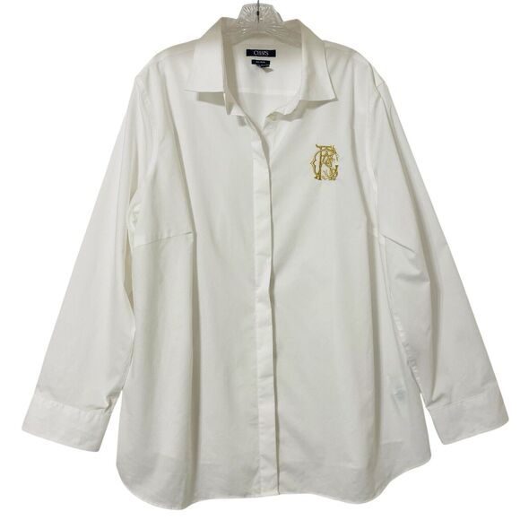 Chaps Dress Shirt Non Iron Women’s 3X White Monogram Button Up Career Business - Picture 1 of 6